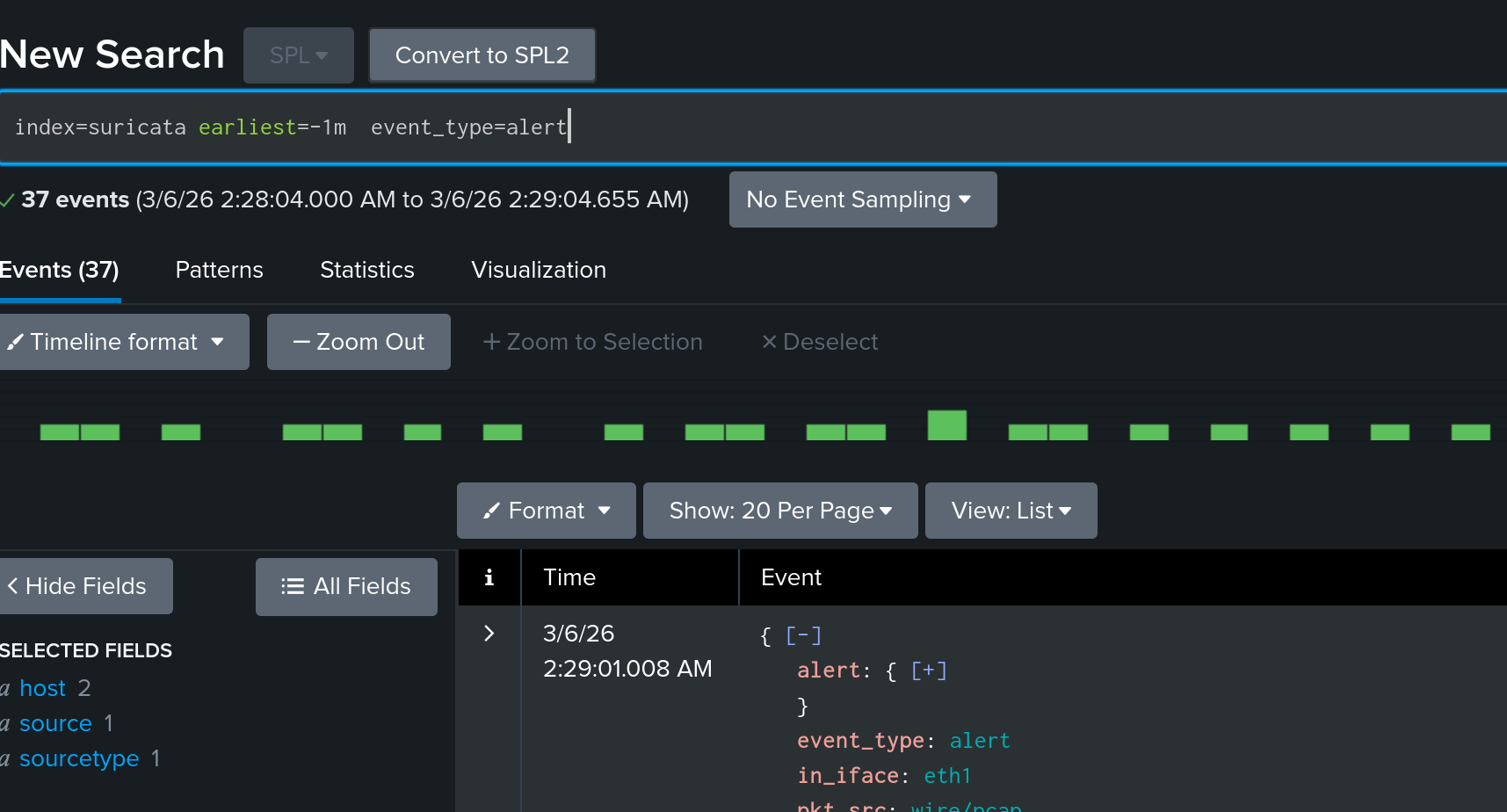 Splunk search showing Suricata alert events with auto-extracted fields